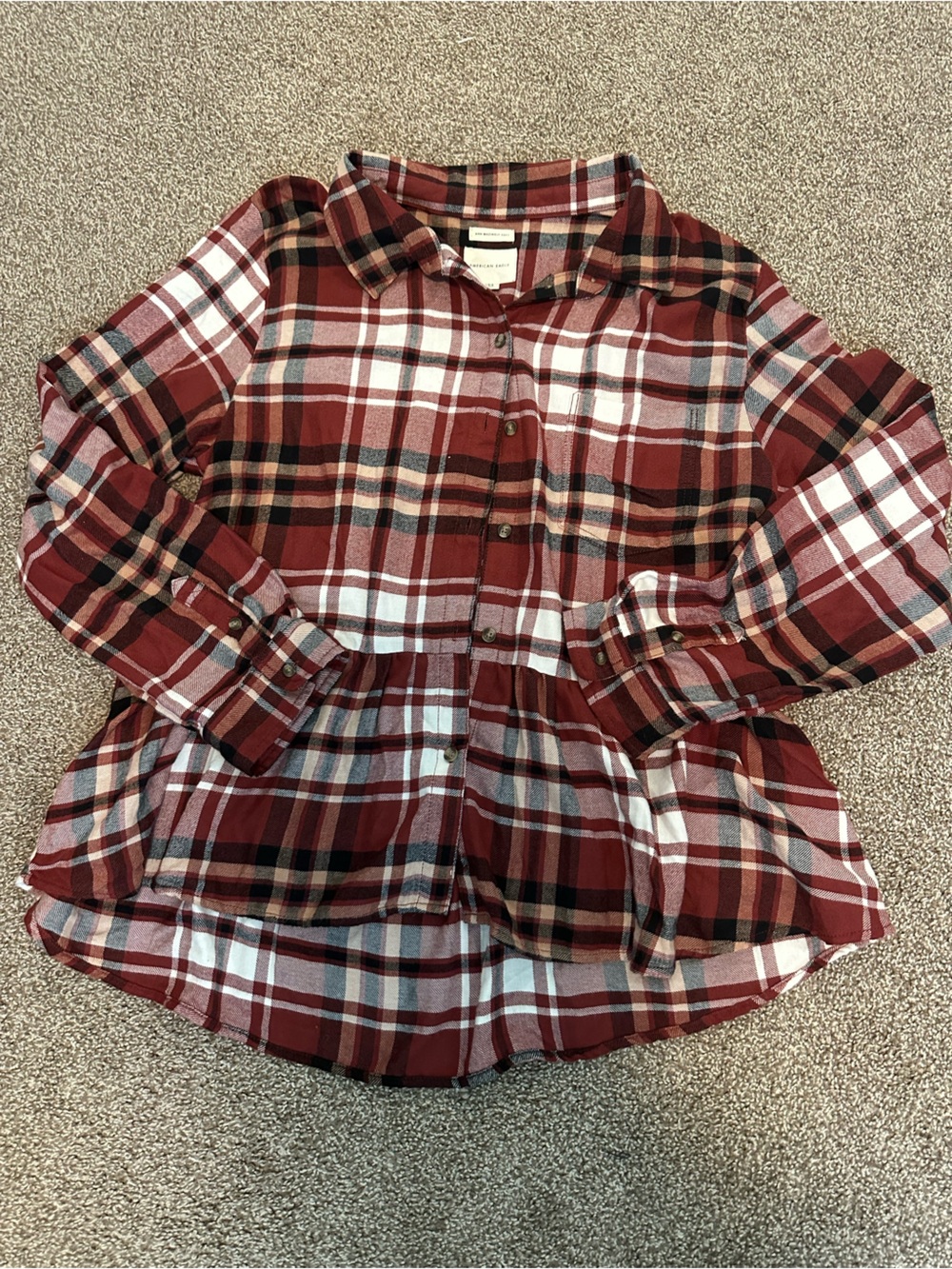American Eagle Burgundy Plaid Peplum Flannel Shirt Large